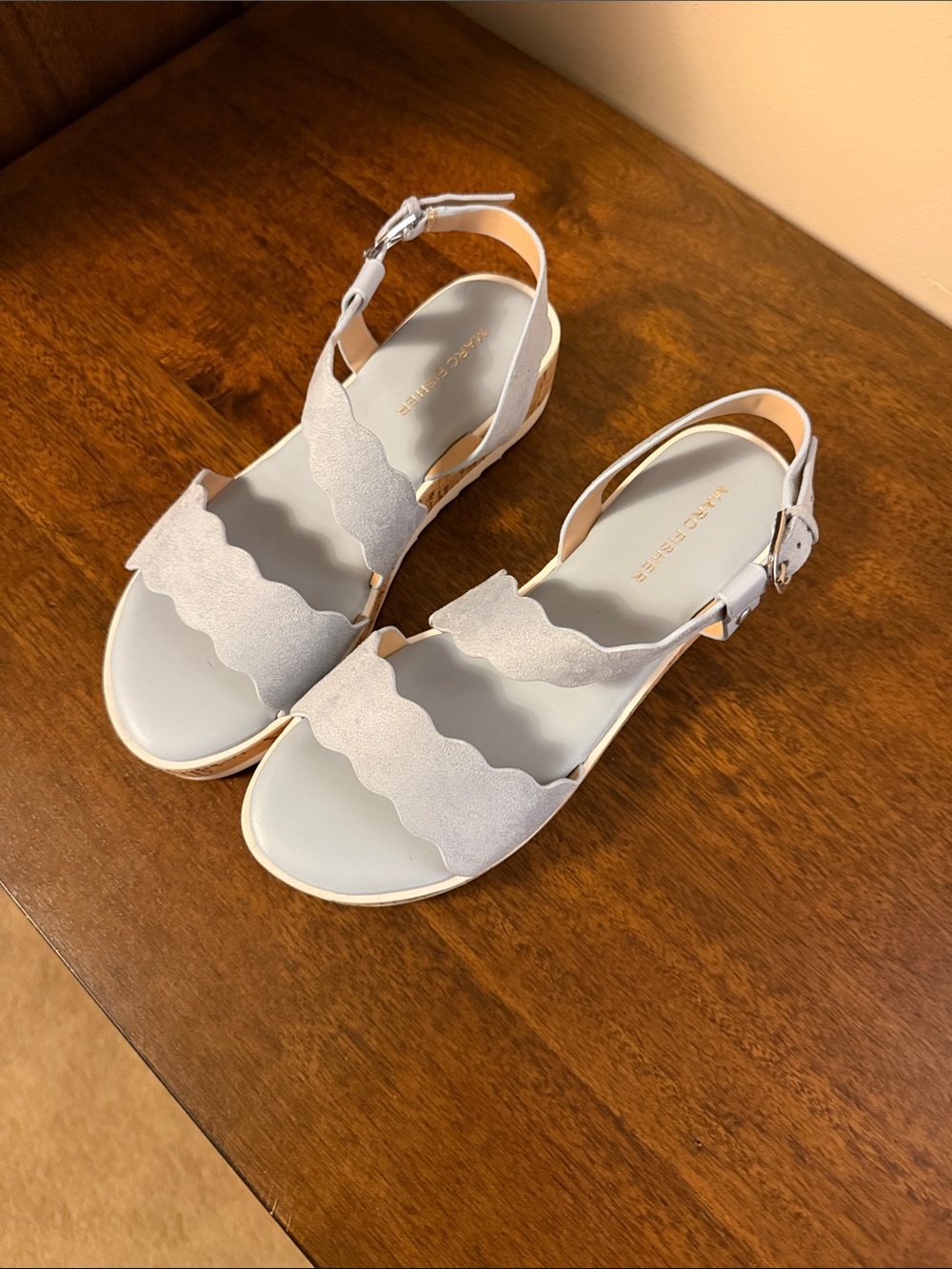 Marc Fisher Light Gray Scalloped-Strap Slingback Sandals